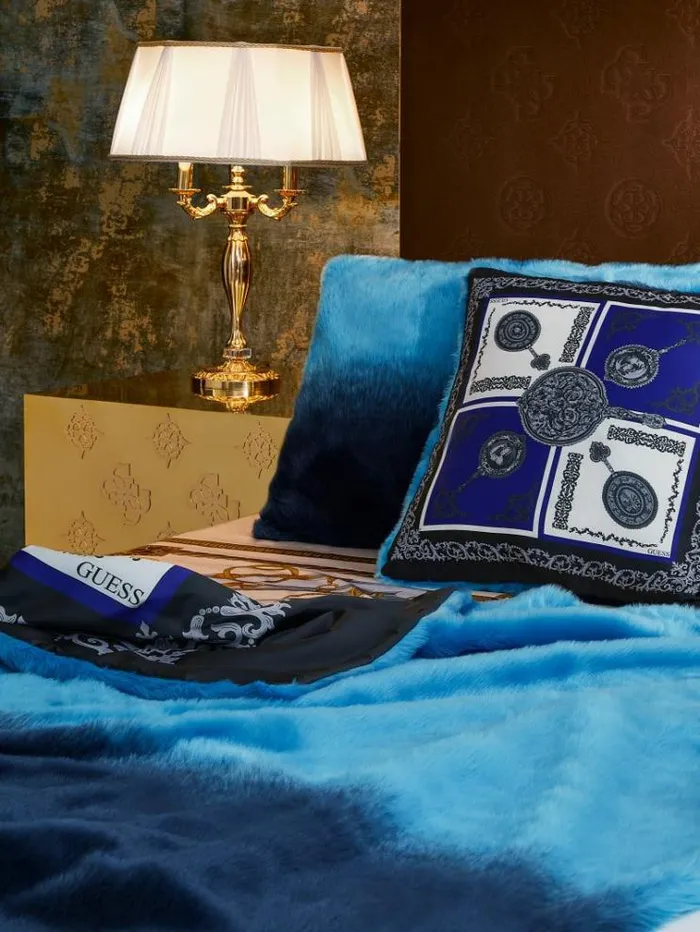 Women Faux Fur Square Cushion Blue Multi Guess Home Collection