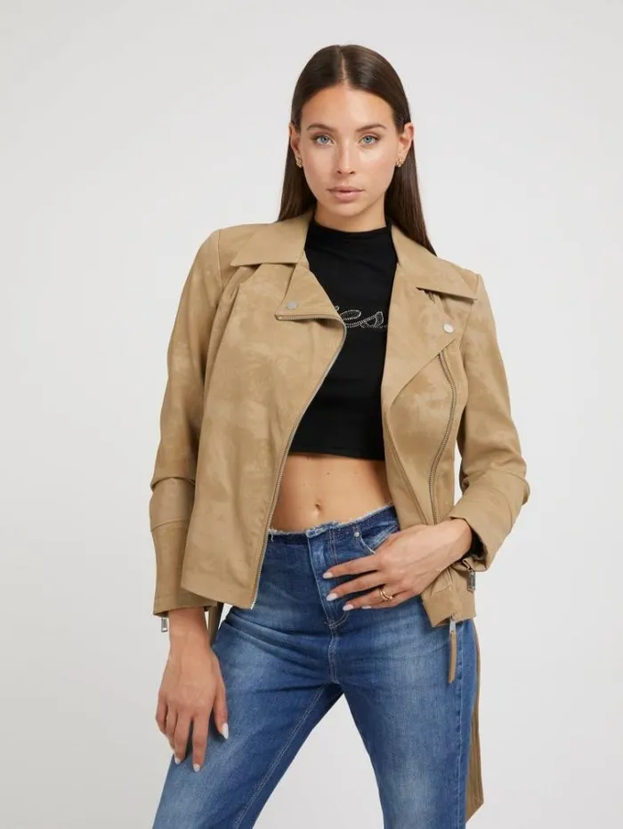Women Faux Leather Biker Jacket Light Brown Guess Coats And Jackets