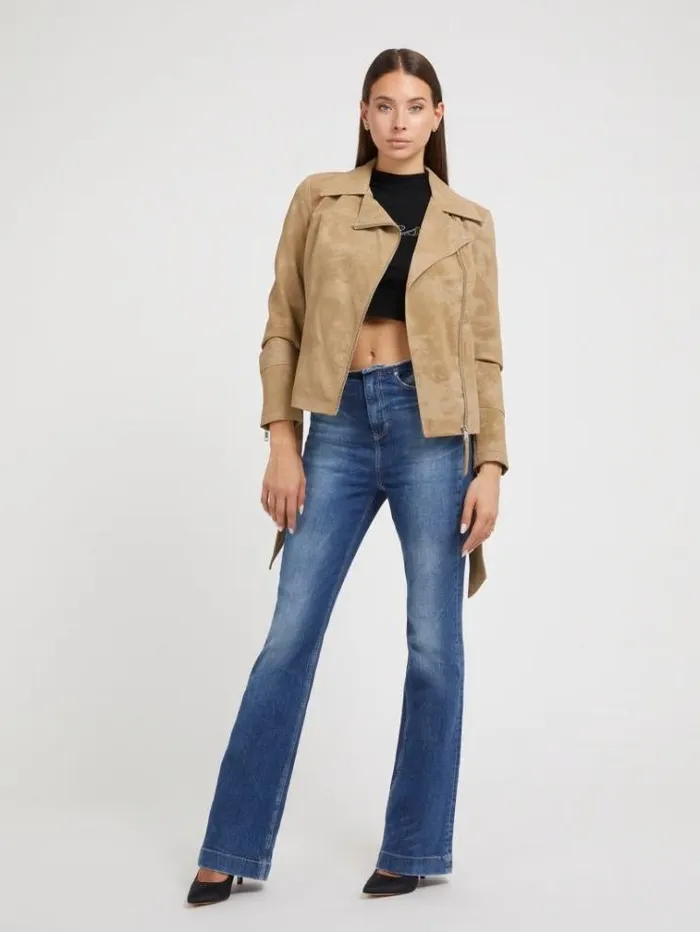 Women Faux Leather Biker Jacket Light Brown Guess Coats And Jackets