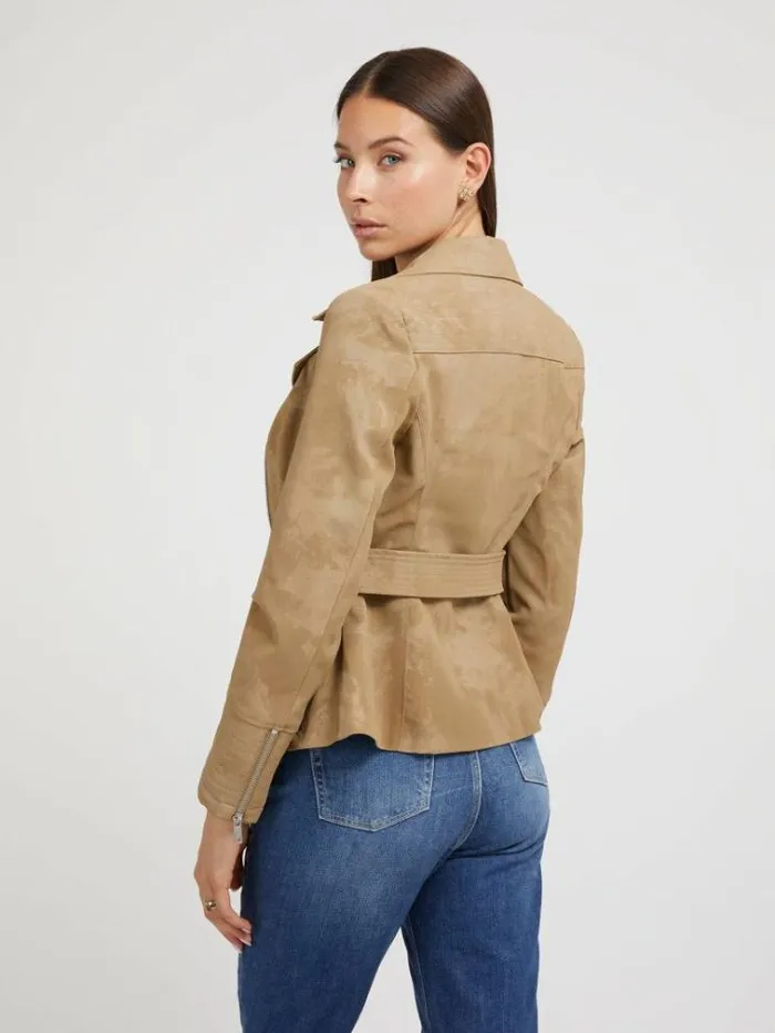 Women Faux Leather Biker Jacket Light Brown Guess Coats And Jackets