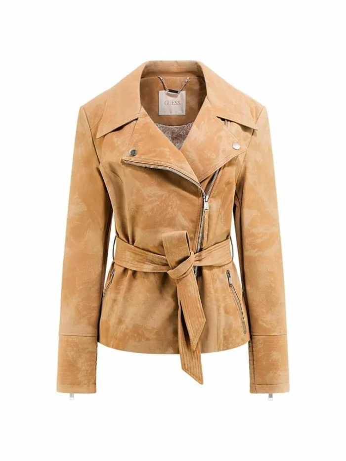 Women Faux Leather Biker Jacket Light Brown Guess Coats And Jackets