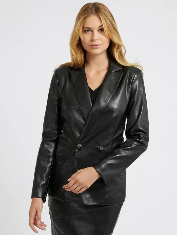 Women Faux Leather Blazer Black Guess Coats And Jackets