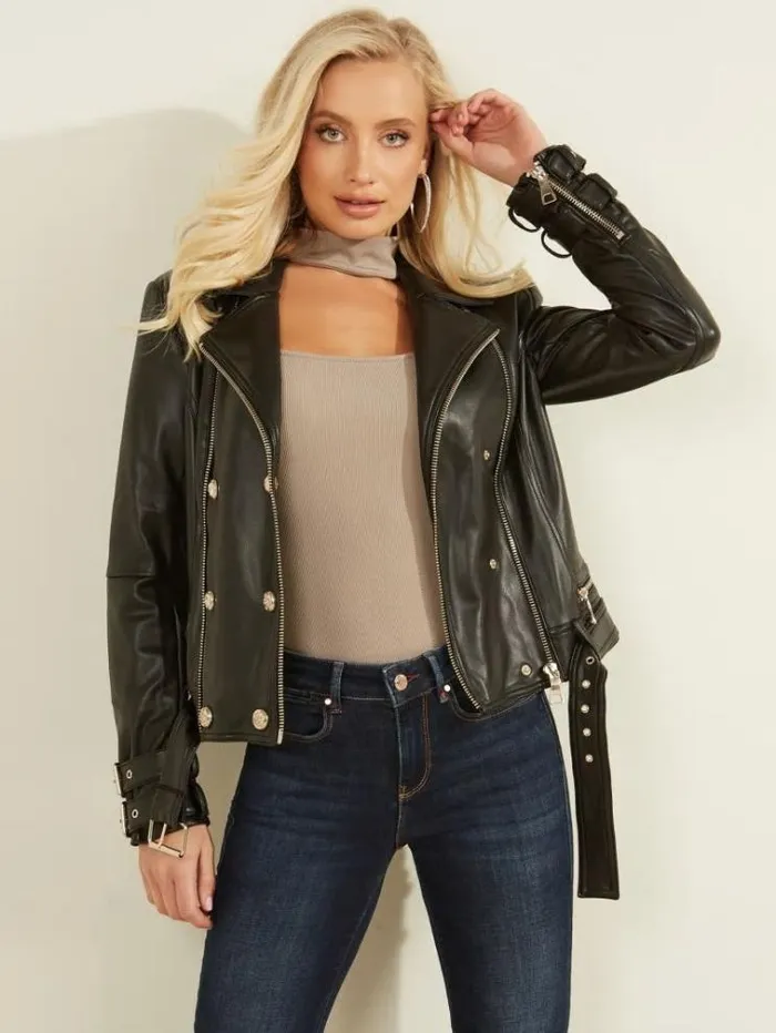 Women Faux Leather Jacket Black Guess Coats And Jackets