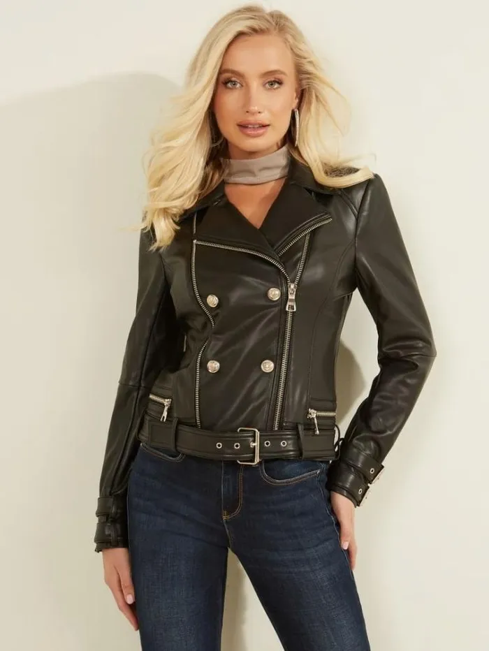 Women Faux Leather Jacket Black Guess Coats And Jackets