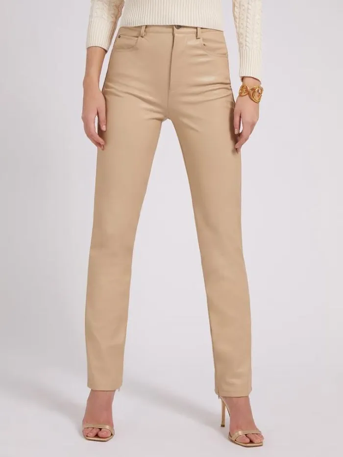 Women Faux Leather Pant Beige Guess Trousers