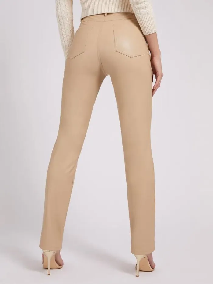 Women Faux Leather Pant Beige Guess Trousers