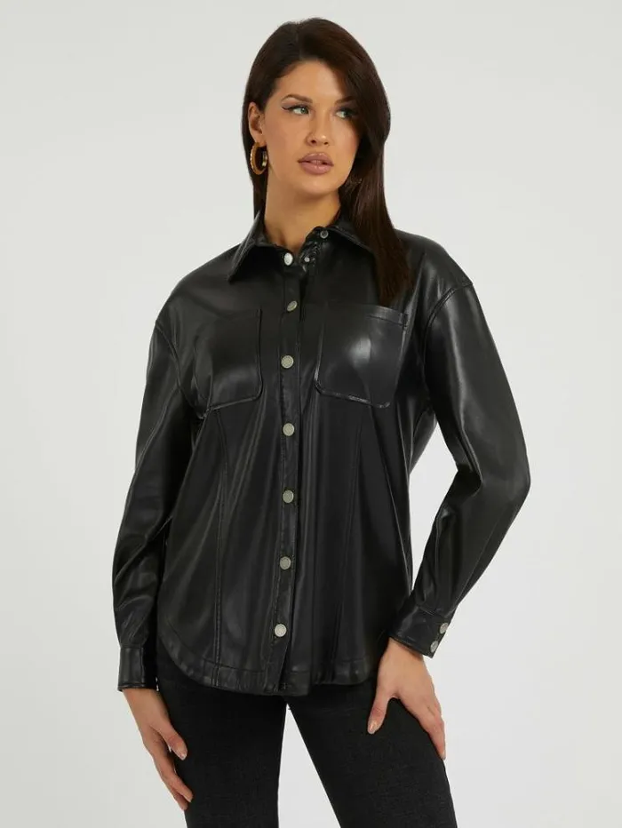 Women Faux Leather Shirt Black Guess Tops And Shirts