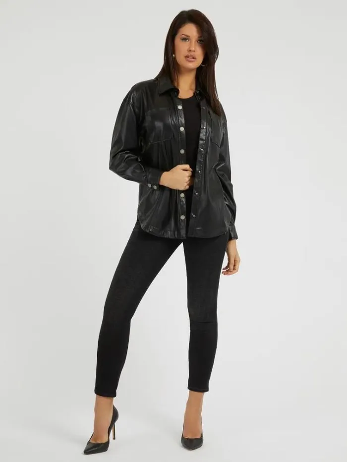 Women Faux Leather Shirt Black Guess Tops And Shirts