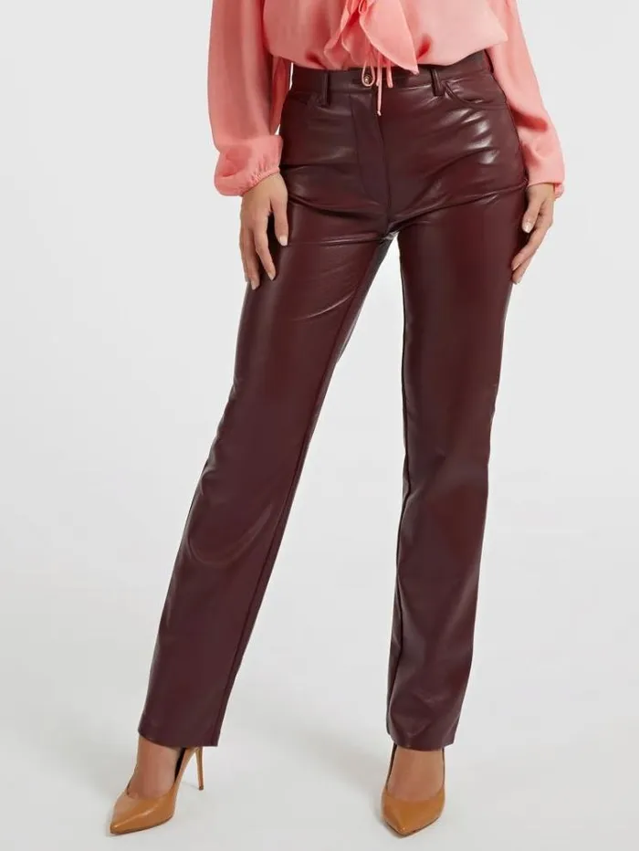 Women Faux Leather Straight Pant Burgundy Guess Trousers