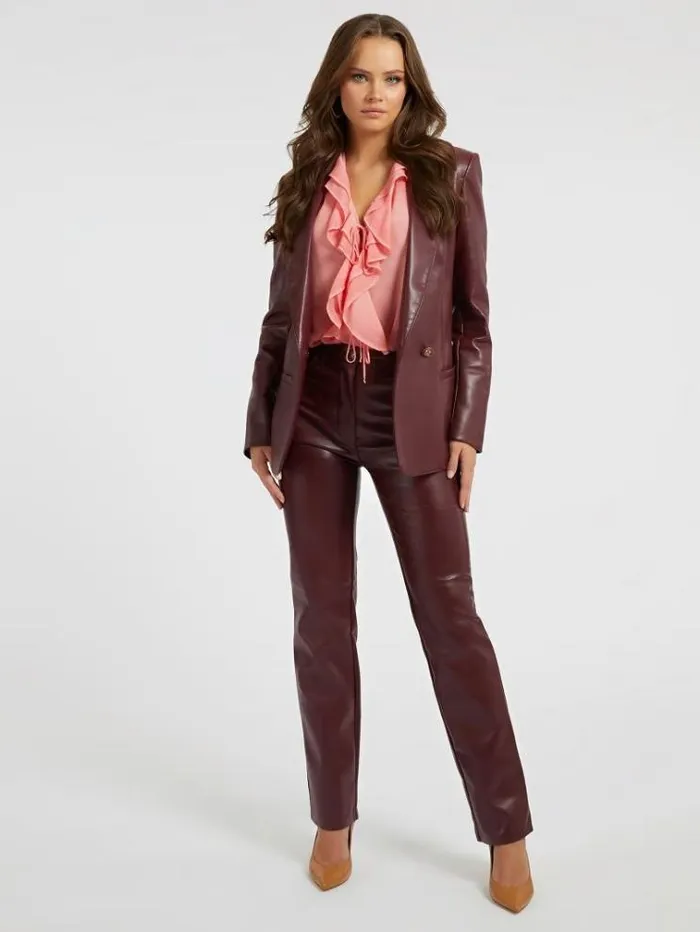Women Faux Leather Straight Pant Burgundy Guess Trousers