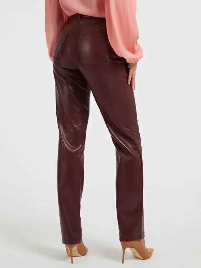 Women Faux Leather Straight Pant Burgundy Guess Trousers