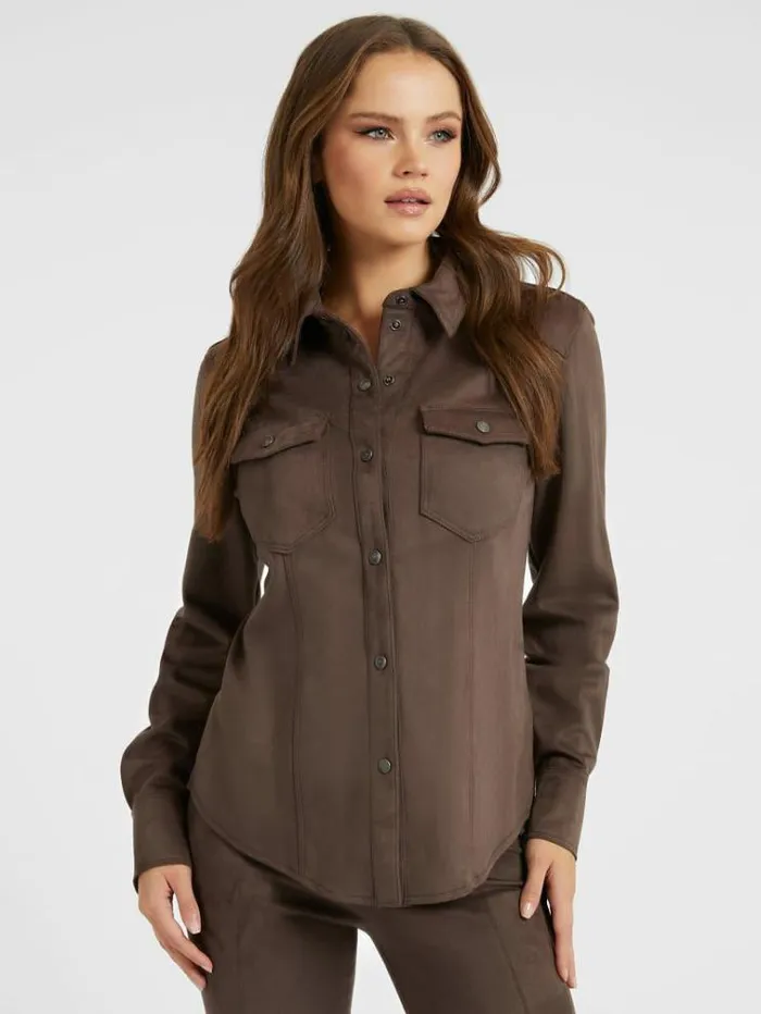 Women Faux Suede Shirt Brown Guess Tops And Shirts