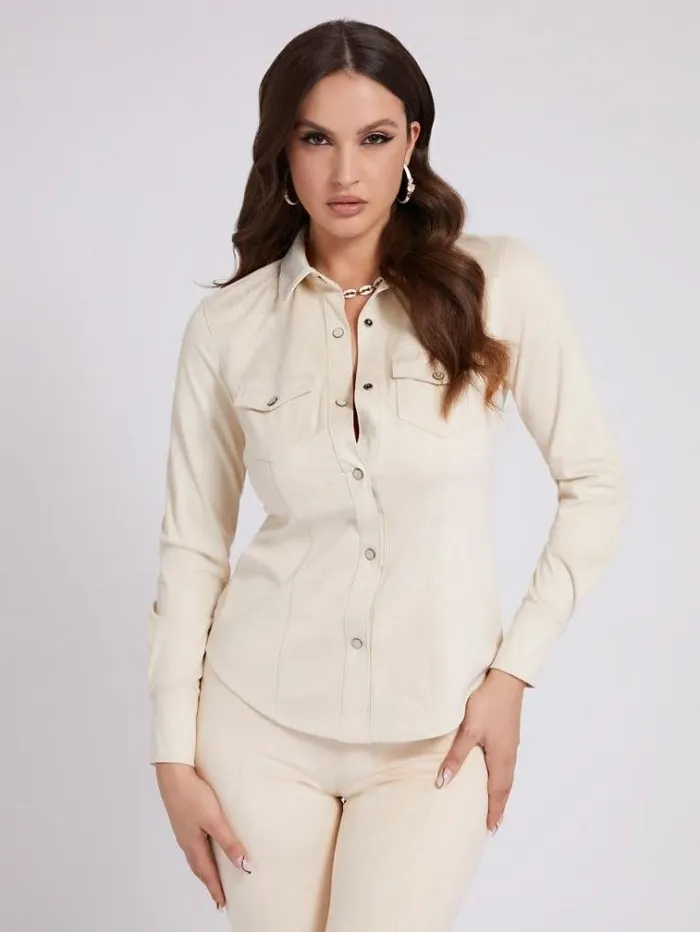 Women Faux Suede Shirt Cream Guess Tops And Shirts