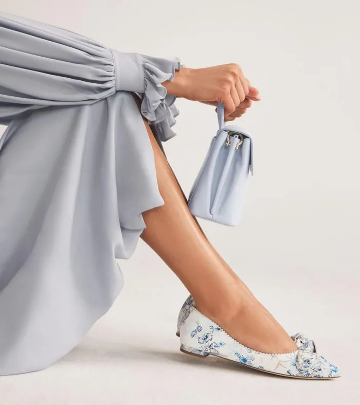 Women Flats and SlipOns Cole Haan Bellport Bow Skimmer Flats Peacock Blue Print