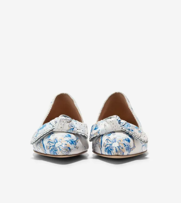 Women Flats and SlipOns Cole Haan Bellport Bow Skimmer Flats Peacock Blue Print