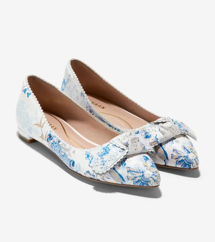 Women Flats and SlipOns Cole Haan Bellport Bow Skimmer Flats Peacock Blue Print