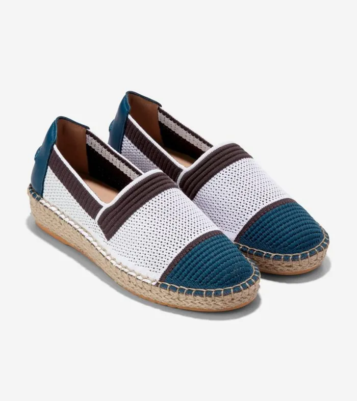 Women Flats and SlipOns Cole Haan Cloudfeel Espadrille II SlipOn Loafers Whiteblue Wing Tealchocolate Stitchlitetrade