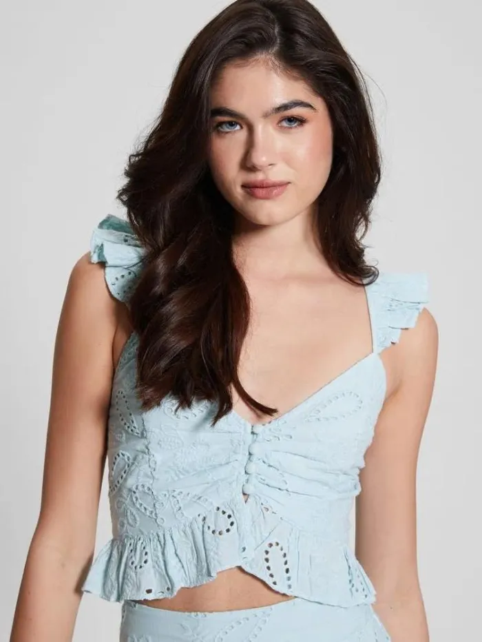Women Floral Embroidery Top Light Blue Guess Tops And Shirts