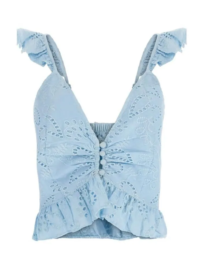 Women Floral Embroidery Top Light Blue Guess Tops And Shirts