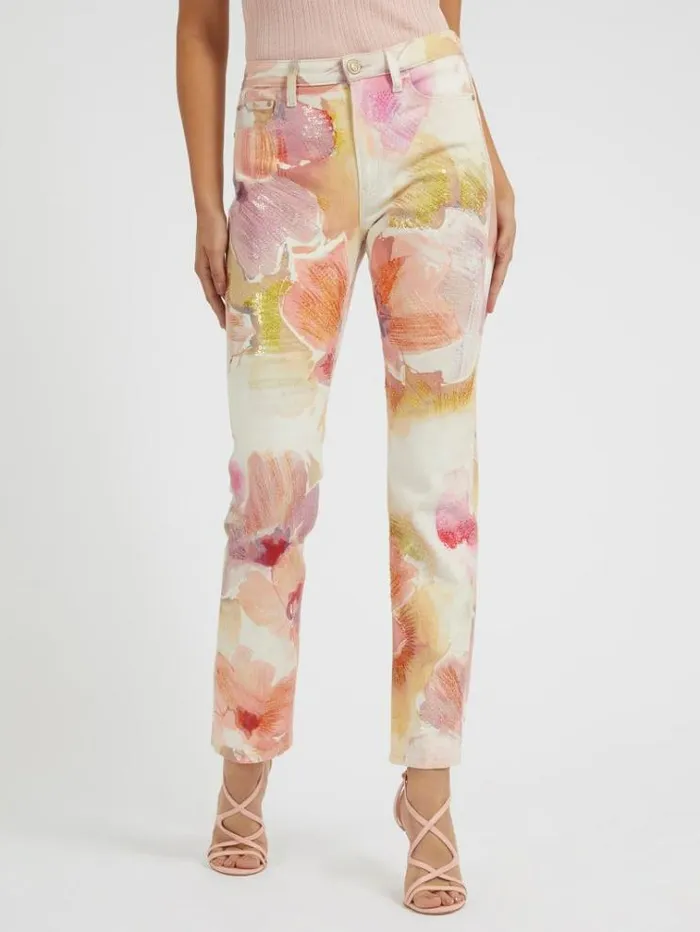 Women Floral Print Denim Pant Multi Pink Guess Straight