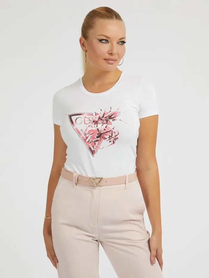 Women Floral Triangle Logo Tshirt White Guess Tshirts