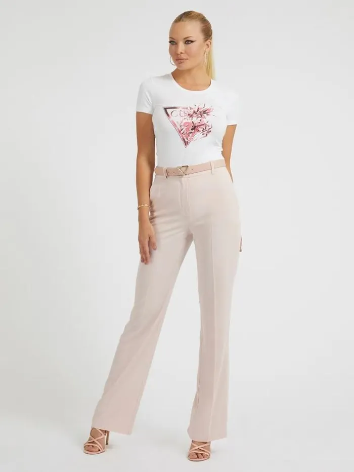 Women Floral Triangle Logo Tshirt White Guess Tshirts