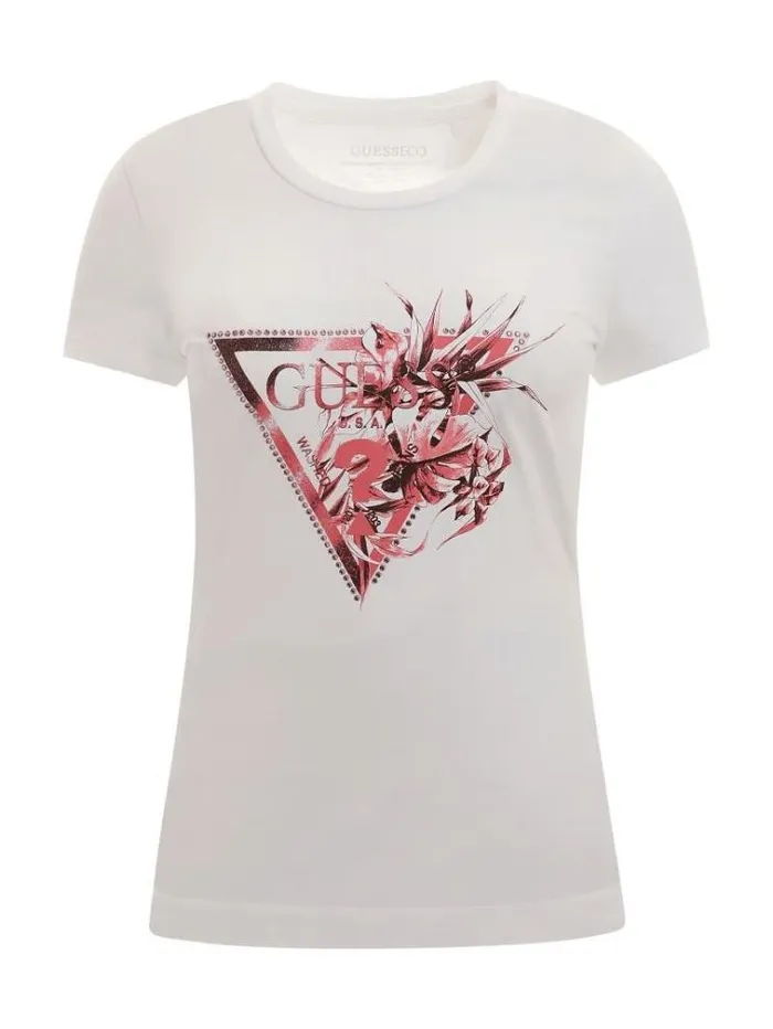 Women Floral Triangle Logo Tshirt White Guess Tshirts