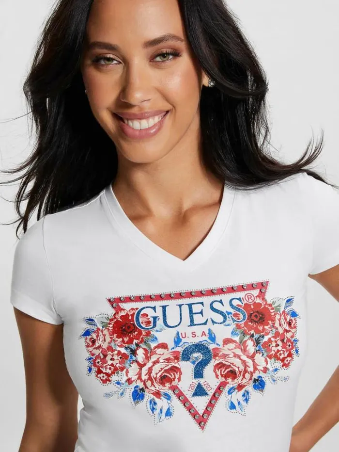 Women Flower Logo Stretch Tshirt White Guess Tshirts