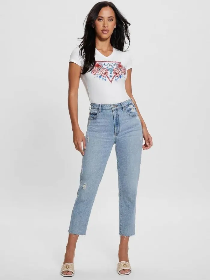 Women Flower Logo Stretch Tshirt White Guess Tshirts