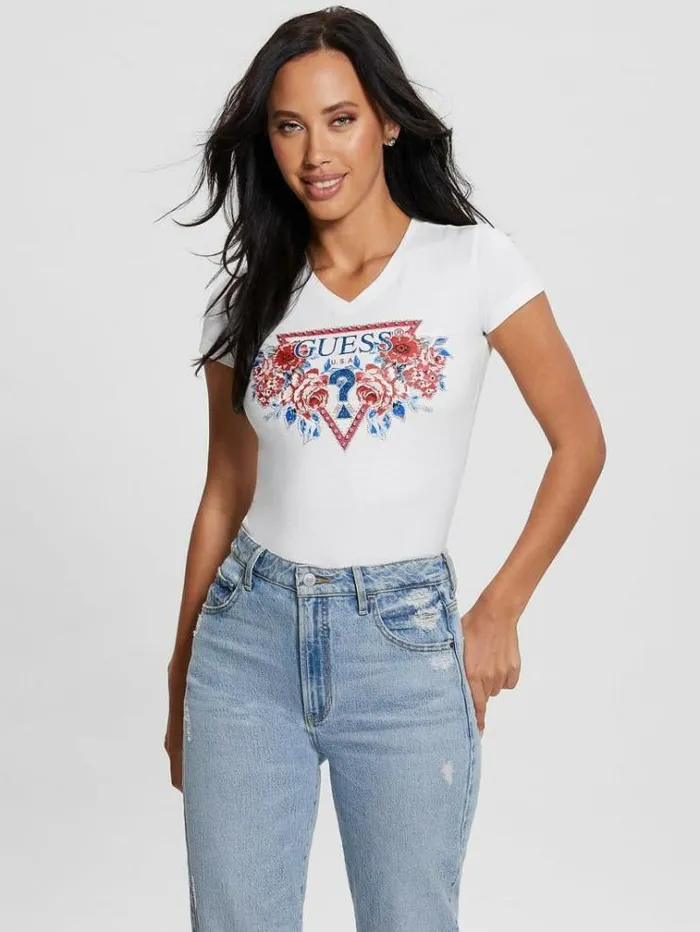 Women Flower Logo Stretch Tshirt White Guess Tshirts