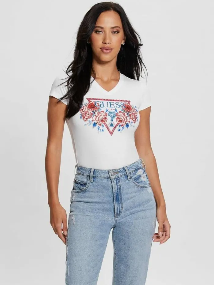 Women Flower Logo Stretch Tshirt White Guess Tshirts