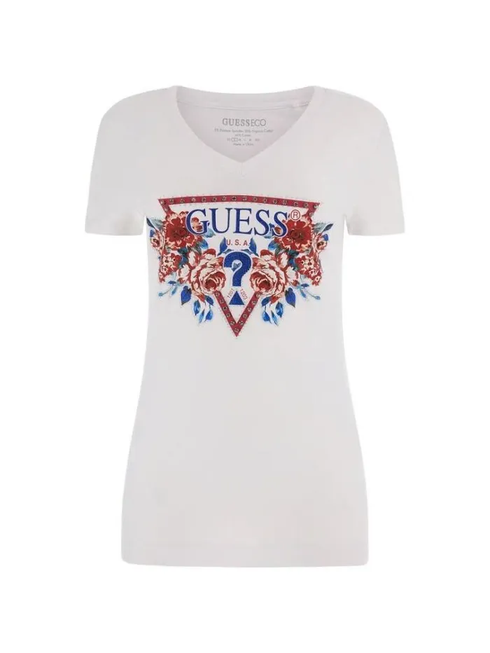 Women Flower Logo Stretch Tshirt White Guess Tshirts