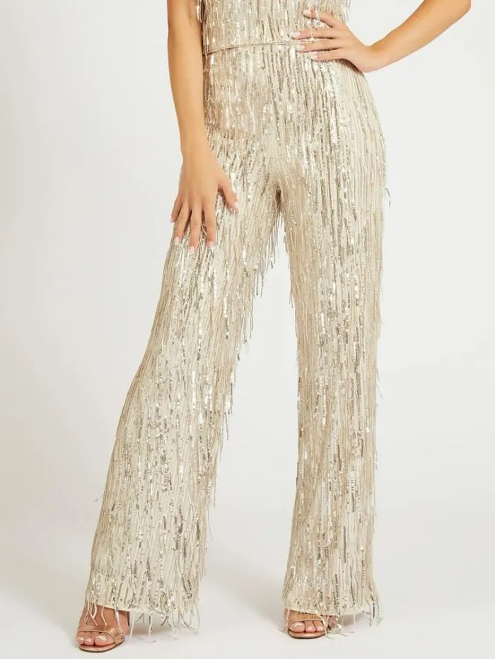Women Fringes With Sequins Pant Gold Guess Trousers