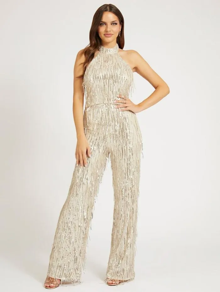 Women Fringes With Sequins Pant Gold Guess Trousers