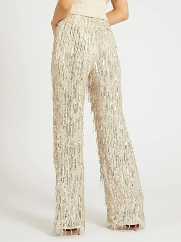 Women Fringes With Sequins Pant Gold Guess Trousers