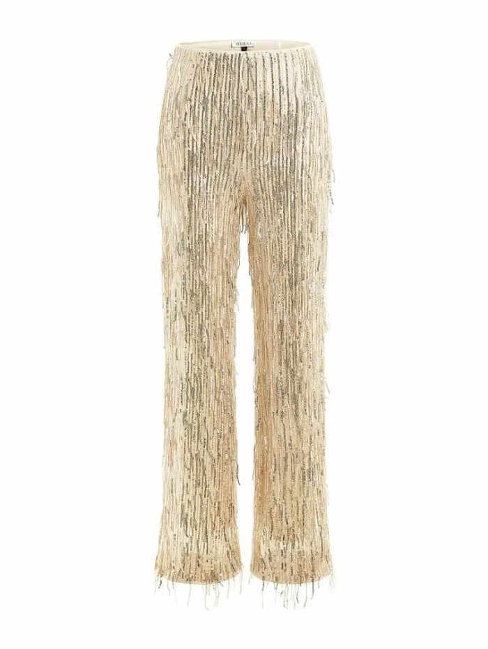 Women Fringes With Sequins Pant Gold Guess Trousers