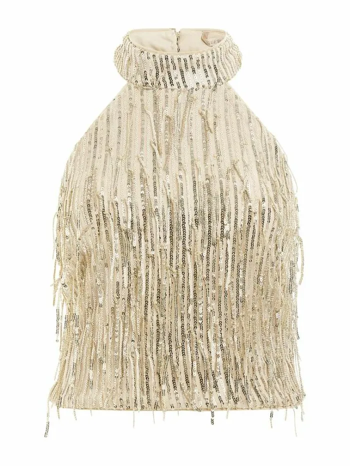 Women Fringes With Sequins Top Gold Guess Tops And Shirts