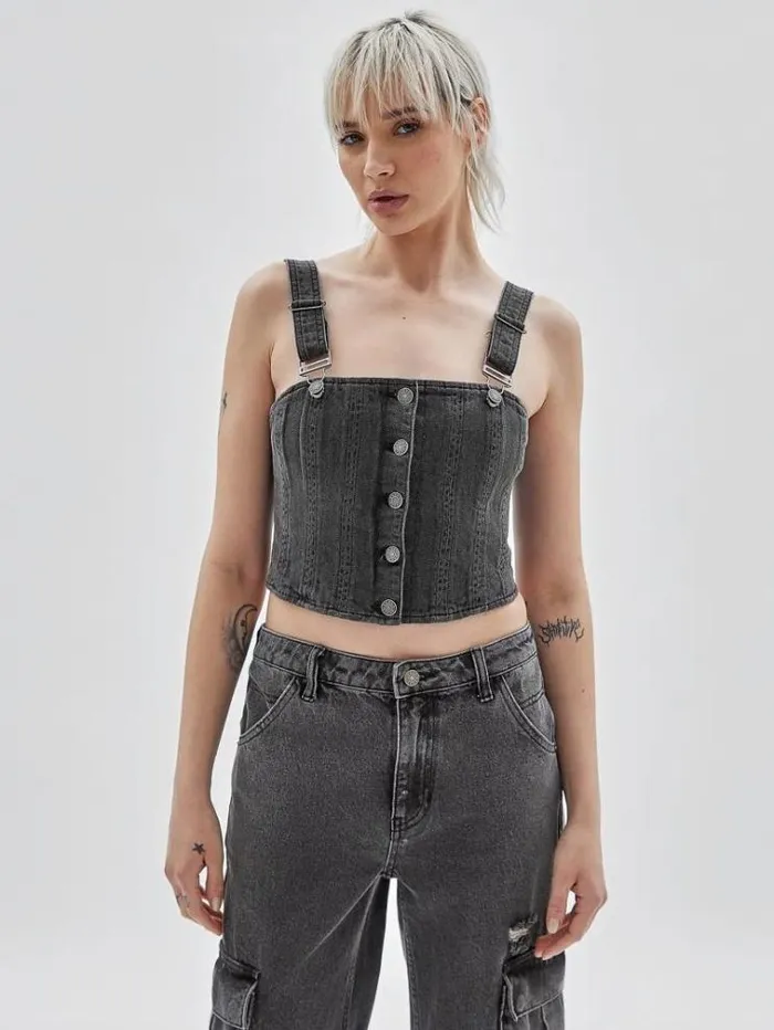 Women Front Buttons Denim Bustier Grey Guess Tops And Shirts