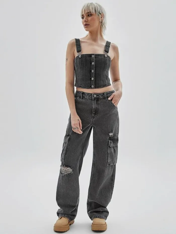 Women Front Buttons Denim Bustier Grey Guess Tops And Shirts