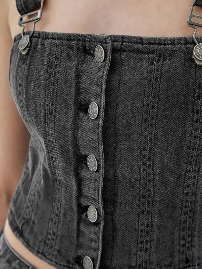 Women Front Buttons Denim Bustier Grey Guess Tops And Shirts