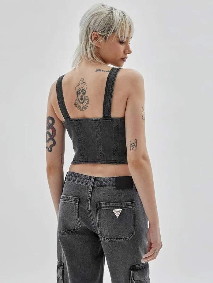 Women Front Buttons Denim Bustier Grey Guess Tops And Shirts