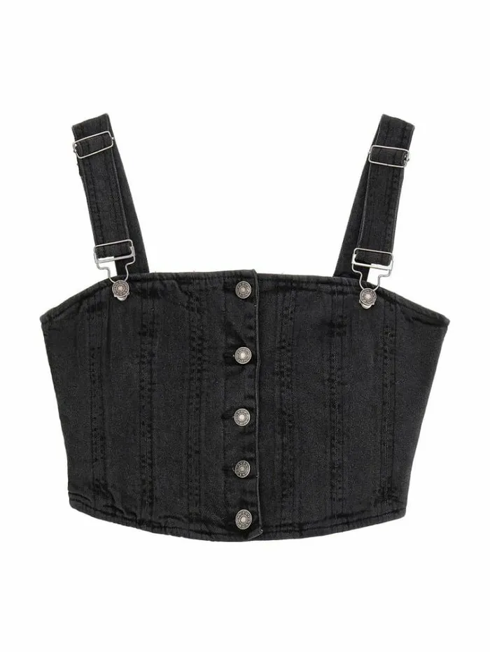 Women Front Buttons Denim Bustier Grey Guess Tops And Shirts