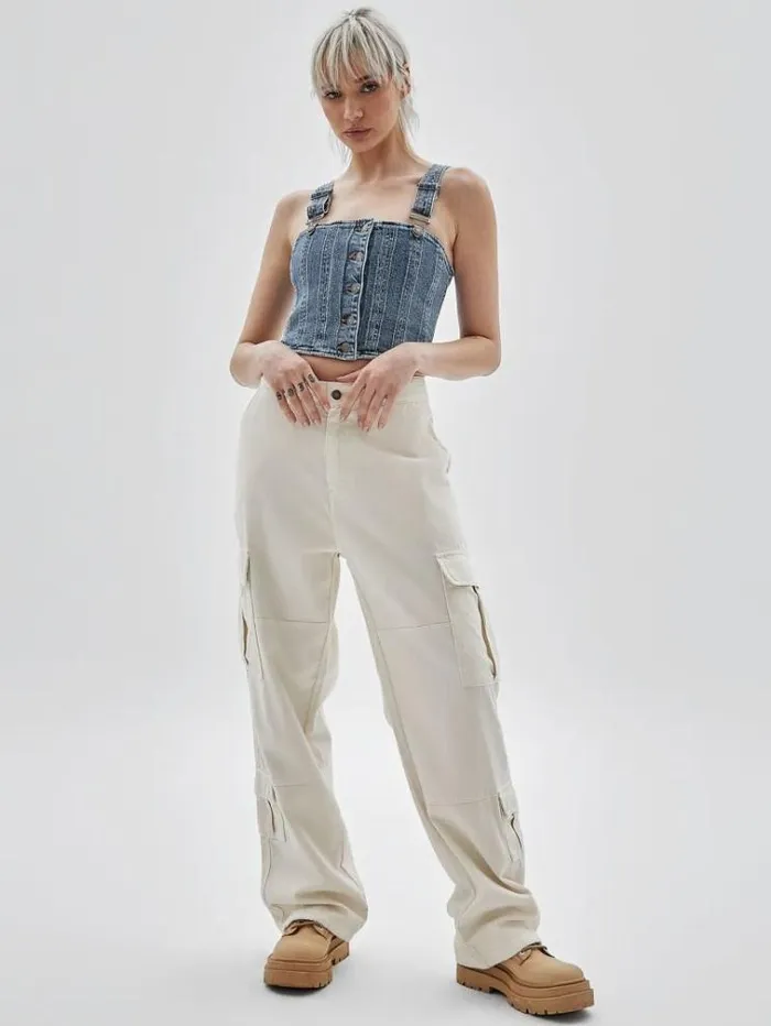 Women Front Buttons Denim Bustier Light Blue Guess Tops And Shirts