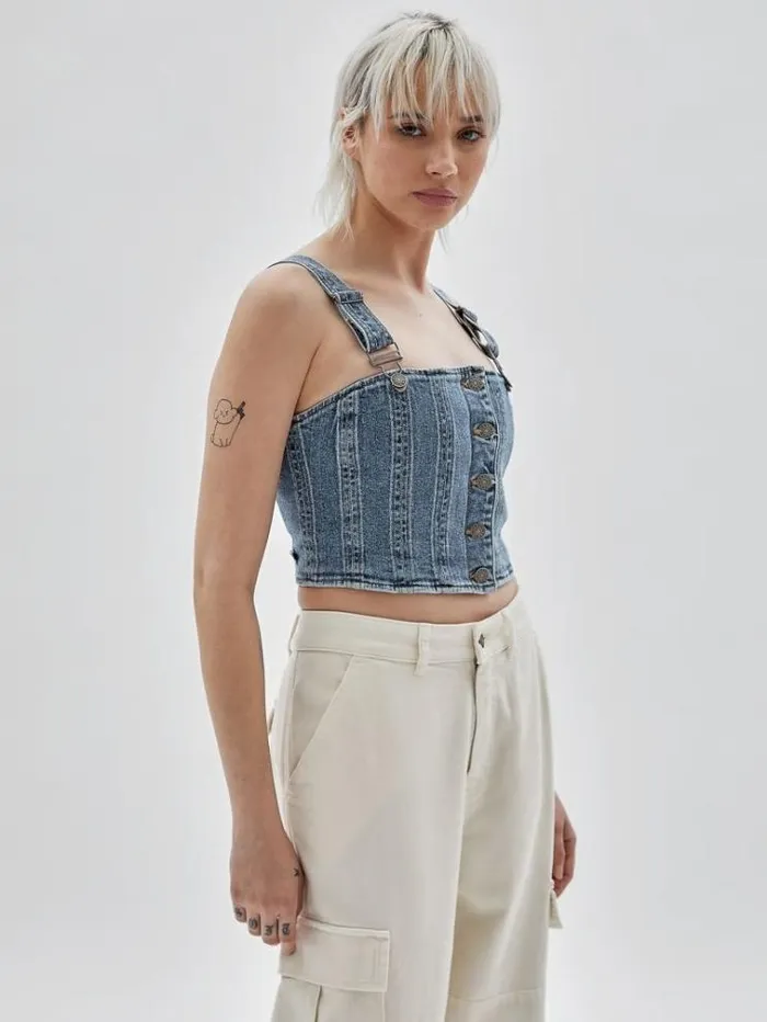 Women Front Buttons Denim Bustier Light Blue Guess Tops And Shirts