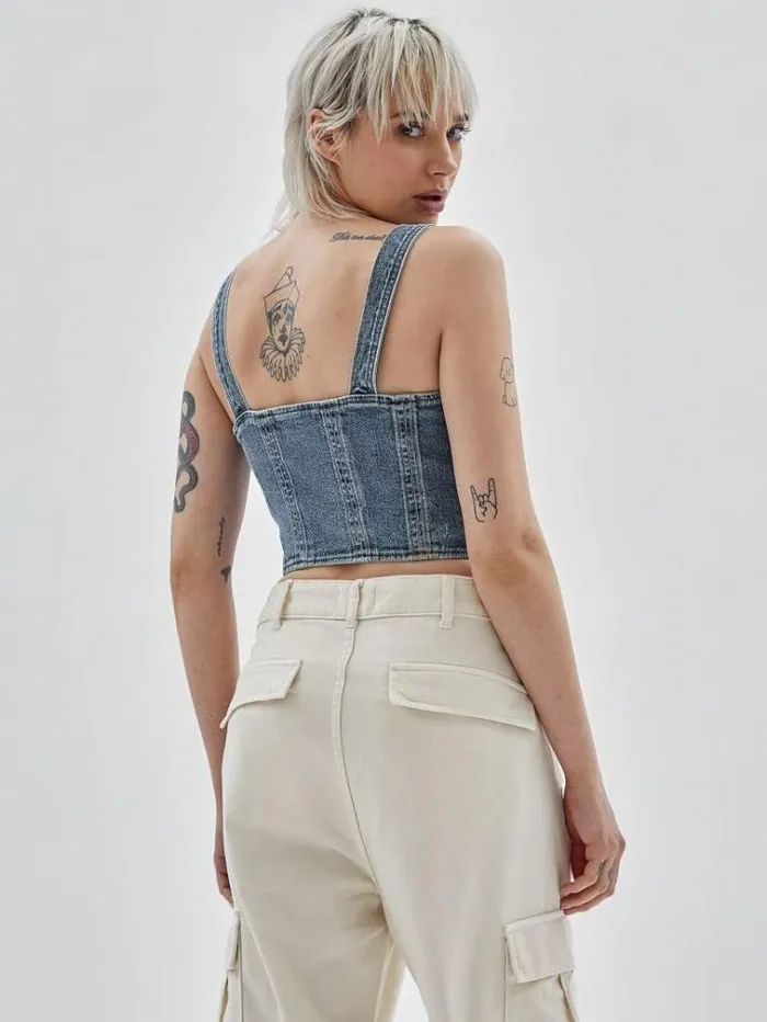 Women Front Buttons Denim Bustier Light Blue Guess Tops And Shirts