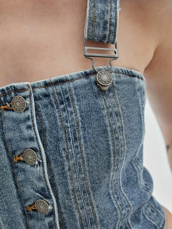 Women Front Buttons Denim Bustier Light Blue Guess Tops And Shirts