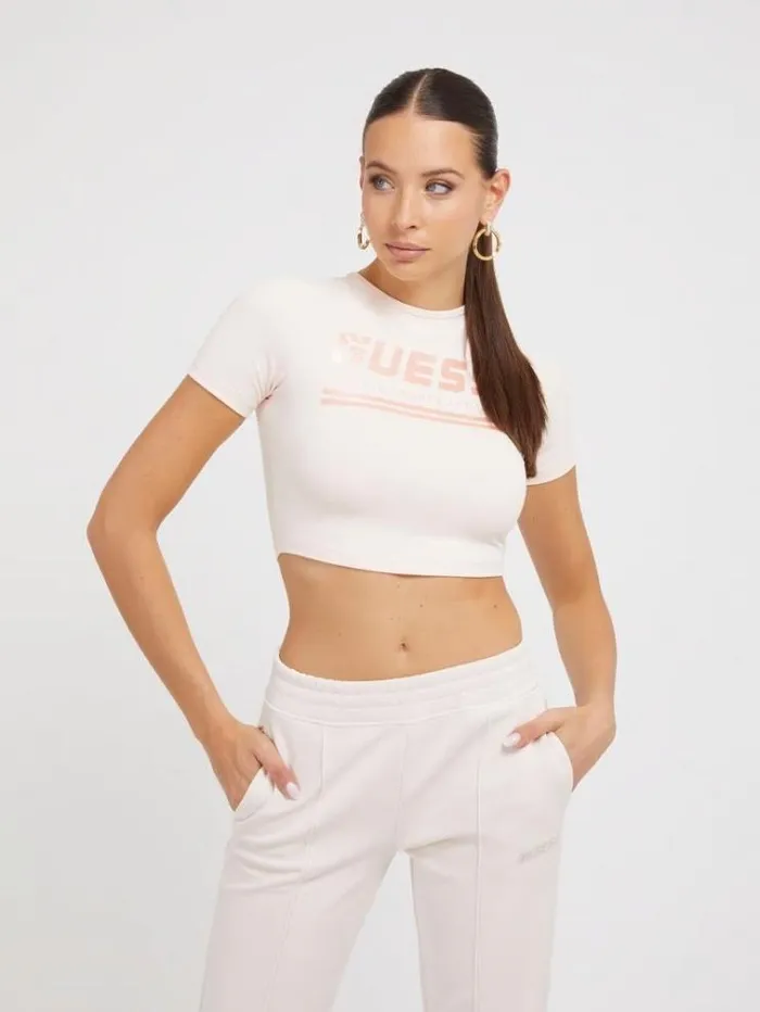 Women Front Logo Crop Top Light Pink Guess Activewear