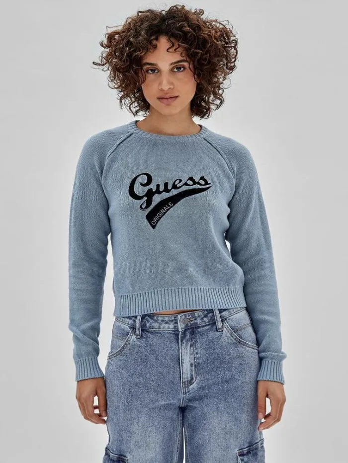 Women Front Logo Sweater Blue Guess Knitwear And Sweatshirts