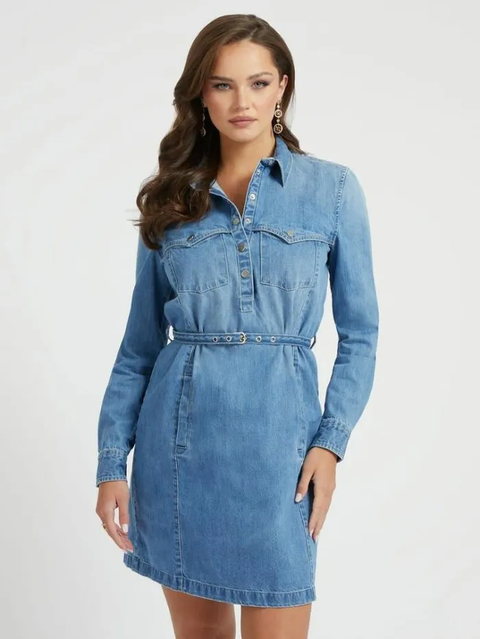Women Front Pockets Denim Dress Blue Guess Dresses And Jumpsuits