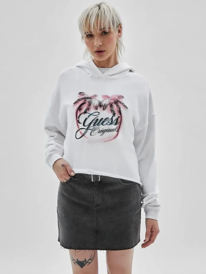 Women Front Print Cropped Sweatshirt White Guess Knitwear And Sweatshirts